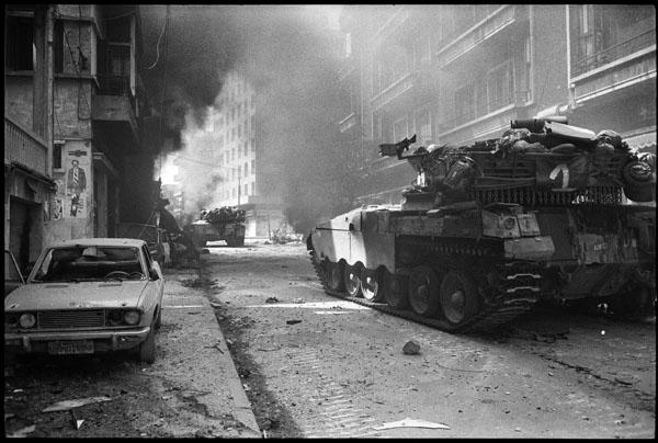 West Beirut. Lebanon. 1982. Tanks of the Israeli Army breaking through into the west part of the city.